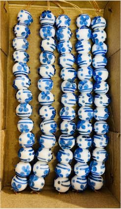 Lamp Work Handmade Glass Beads | 16mm Round White & Blue Beads | 8” Strands | Artisan Glass Beads for Jewelry Making | DIY Crafts & Beading (20, Strands)