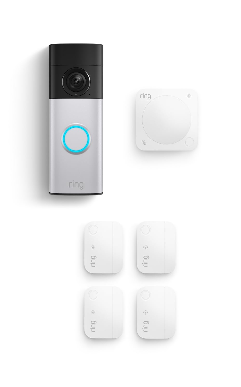 Ring Battery Doorbell Plus (newest model), Nickel Silver with Window & Door Sensor 4-Pack and Motion Detector