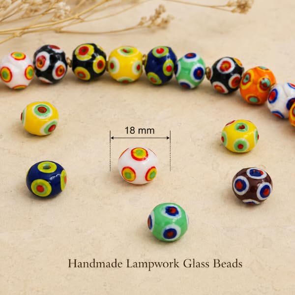 Lamp Work Handmade Glass Beads | Multi Color Dotted 18mm Beads | 8” Strands | Colorful Glass Beads for Jewelry Making | DIY Crafts & Beading (20, Strands)