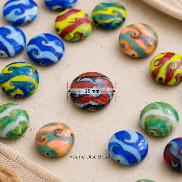Lamp Work Handmade Glass Beads | 25mm Round Disc Beads | 8” Strands | Colorful Artisan Glass Beads for Jewelry Making | DIY Craft & Beading Supplies (20, Strands)
