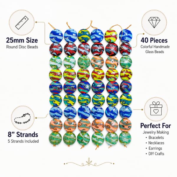 Lamp Work Handmade Glass Beads | 25mm Round Disc Beads | 8” Strands | Colorful Artisan Glass Beads for Jewelry Making | DIY Craft & Beading Supplies (20, Strands)