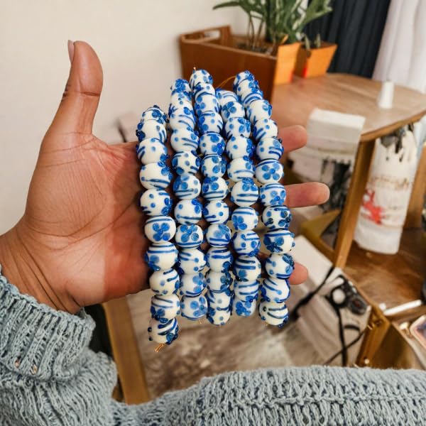 Lamp Work Handmade Glass Beads | 16mm Round White & Blue Beads | 8” Strands | Artisan Glass Beads for Jewelry Making | DIY Crafts & Beading (20, Strands)