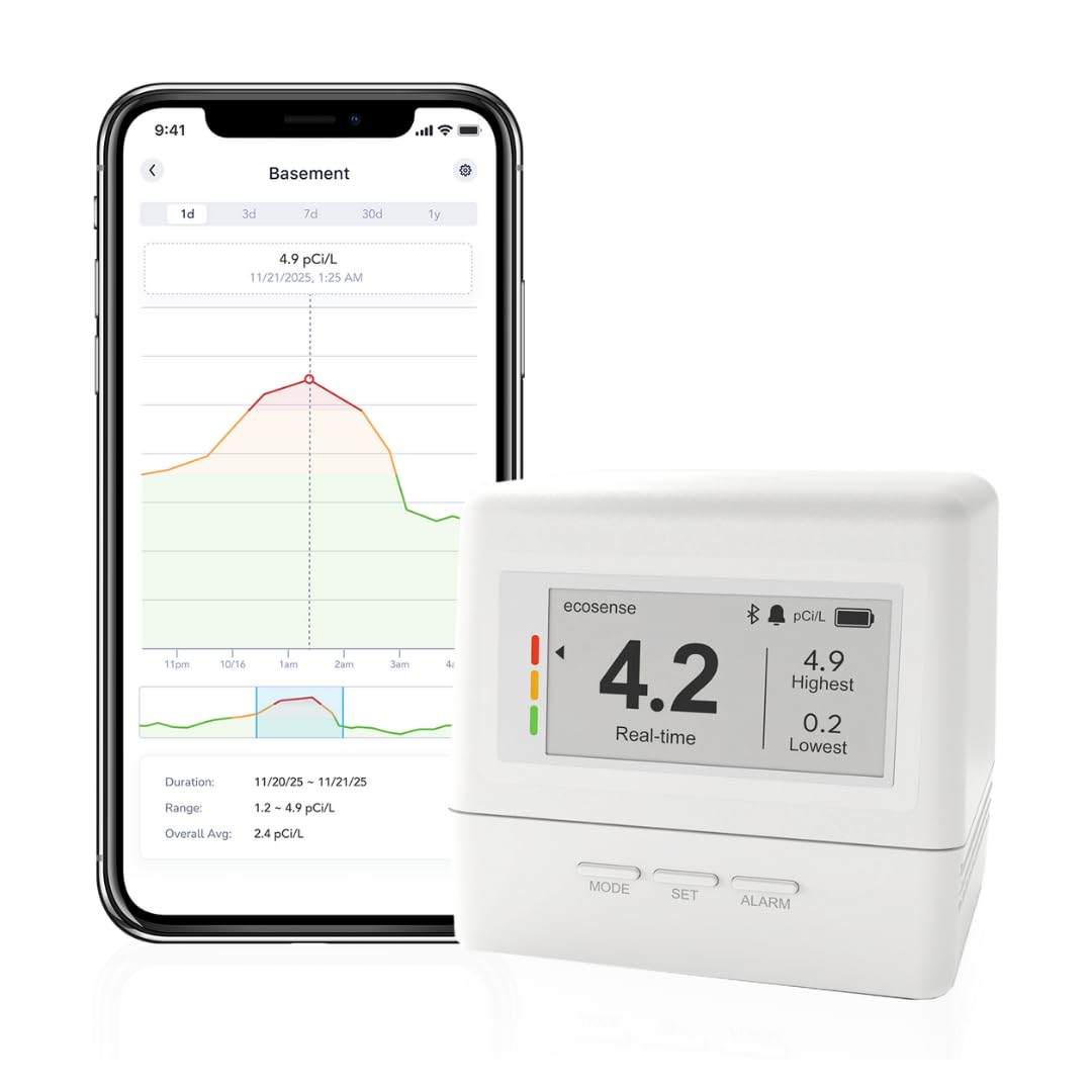 Ecosense Continuous Home Radon Detector, Battery Powered, Display, EF100
