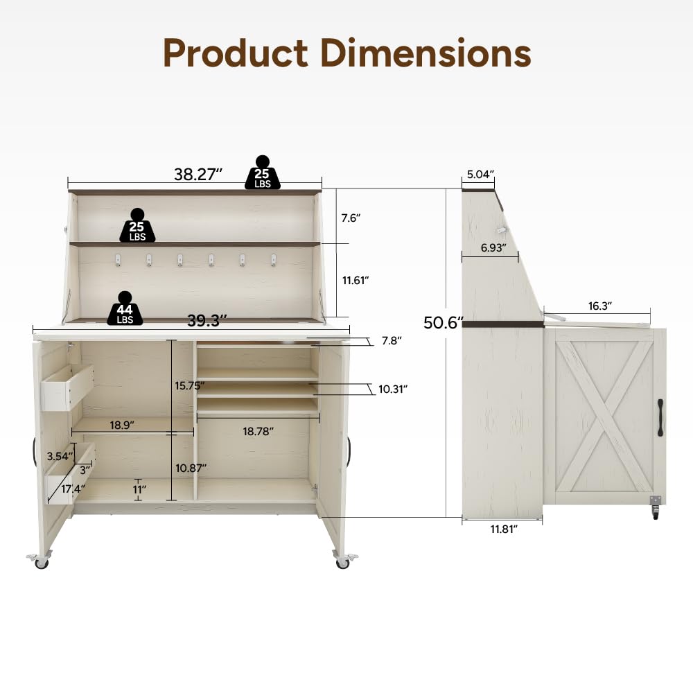 Foldable Sewing Craft Table with Storage Cabinet & Power Outlets, White