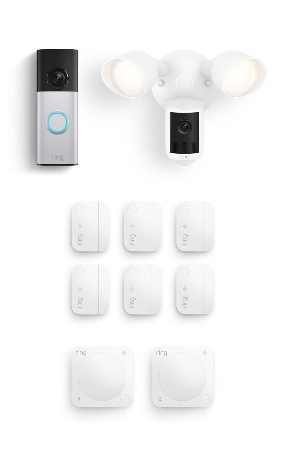 Ring Battery Doorbell Plus (newest model), Nickel Silver with Floodlight Cam, Wired (newest model), White, Window & Door Sensor 6-Pack, and Motion Detector 2-Pack