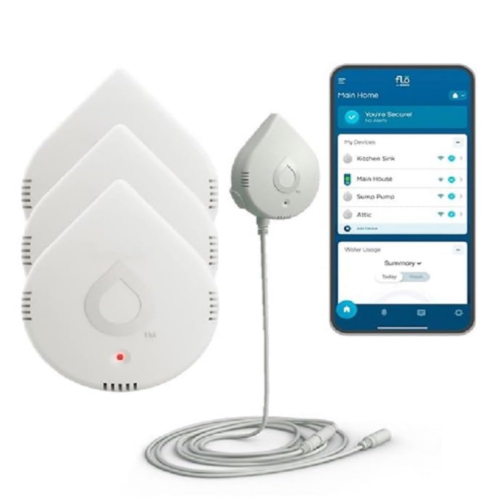 Moen 920-005 Flo Smart Water Leak Detector, White, 3-Pack with 3-Pack 6-Foot Leak Sensing Cable