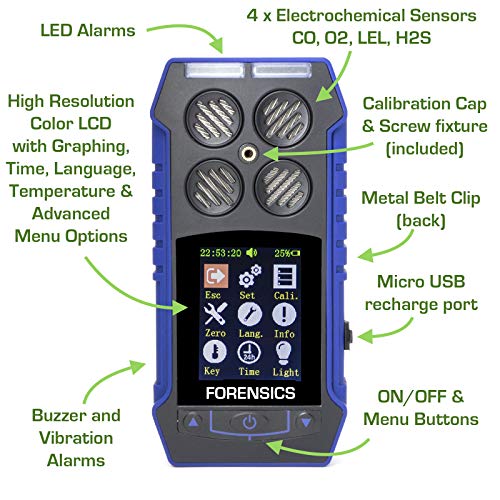 Multigas Detector Analyzer + Pump with Probe | USA NIST Calibration | Confined Space Entry Testing | USB Recharge | 4 Sensors - CO, H2S, O2, EX LEL | 4 Gas Monitor |