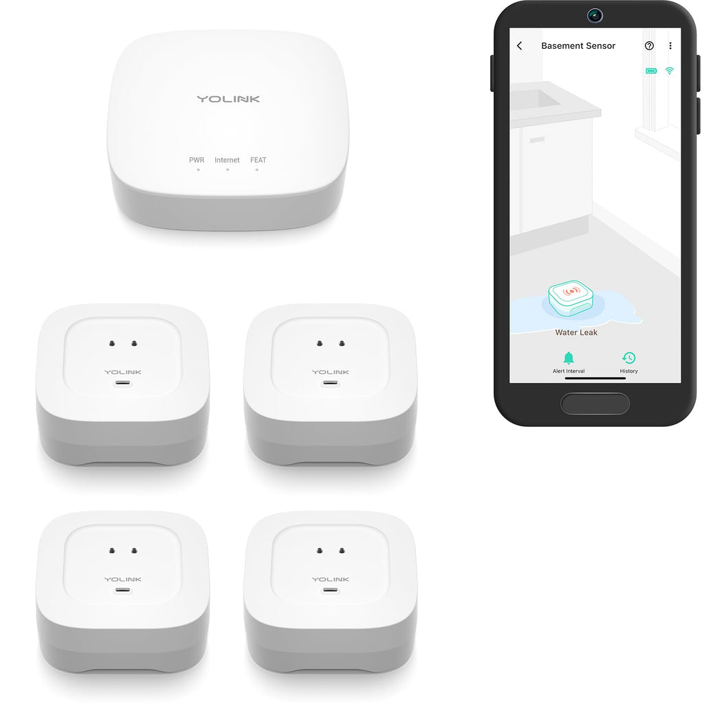 YoLink Class E Sensor Water Leak Sensor 5 Kit: 3-Pack + Hub