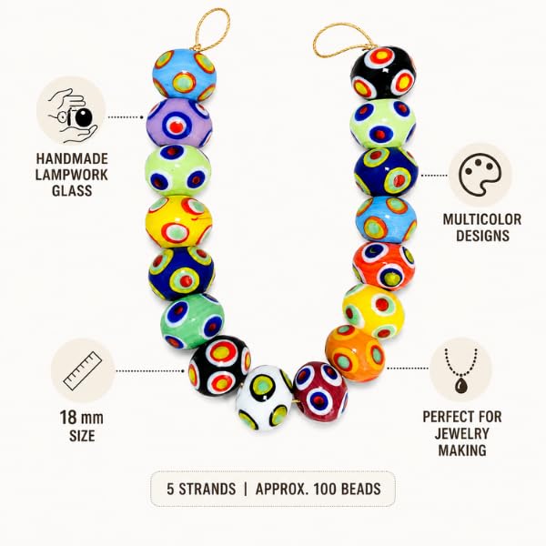 Lamp Work Handmade Glass Beads | Multi Color Dotted 18mm Beads | 8” Strands | Colorful Glass Beads for Jewelry Making | DIY Crafts & Beading (20, Strands)