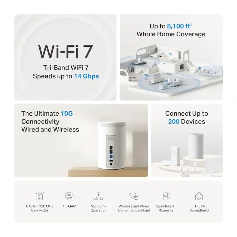 TP-Link Deco 7 Pro BE14000 Tri-Band Wi-Fi 7 Whole Home Mesh Router System -Deco BE68 (3 Pack) - White (Renewed)