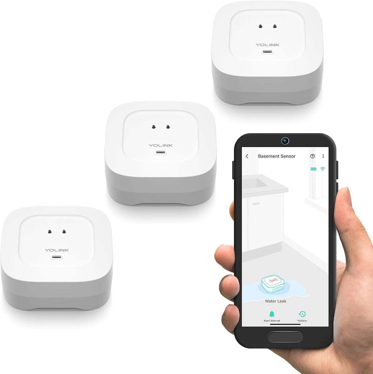 YoLink Class E Sensor Water Leak Sensor 5 Kit: 3-Pack + Hub
