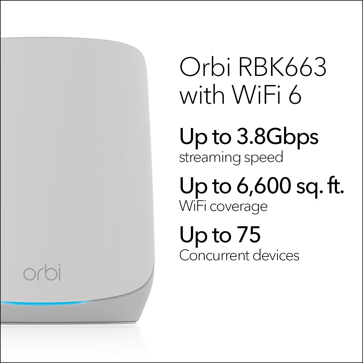 NETGEAR Orbi Whole Home Tri-Band WiFi 6 Mesh Network System (RBK663) – Router with 2 Satellite Extenders, Security Features, Coverage up to 6,600 sq. ft., 75 Devices - AX3800 (Up to 3.8Gbps)