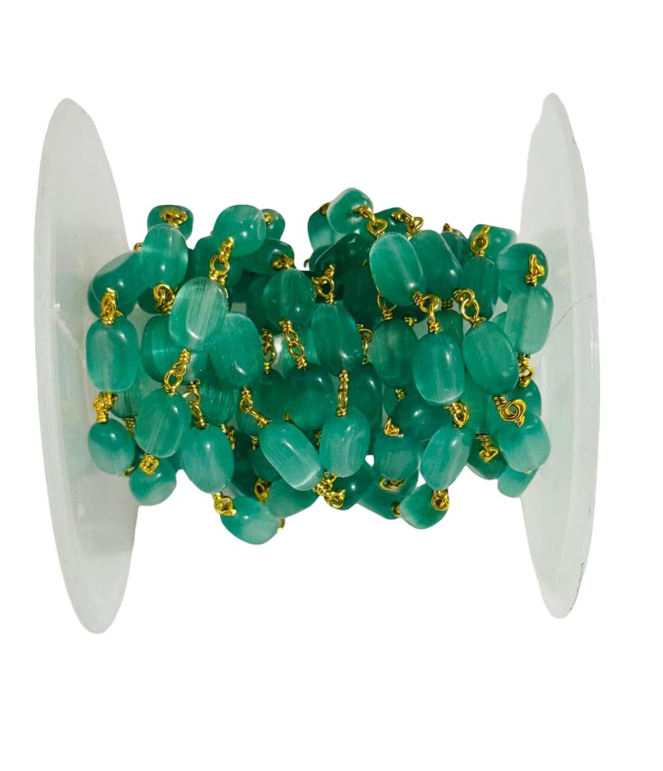 4x7mm Turquoise Oval Beads Rosary Chain, Gold Plated Brass Wire Wrapped Chain by Foot, Jewelry Making Supplies for Necklaces, Bracelets, Earrings – DIY Craft Beading Chain (25 Feet)