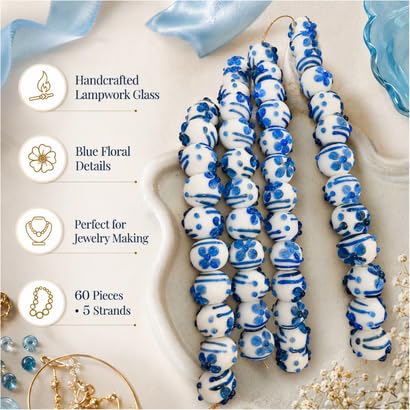 Lamp Work Handmade Glass Beads | 16mm Round White & Blue Beads | 8” Strands | Artisan Glass Beads for Jewelry Making | DIY Crafts & Beading (20, Strands)