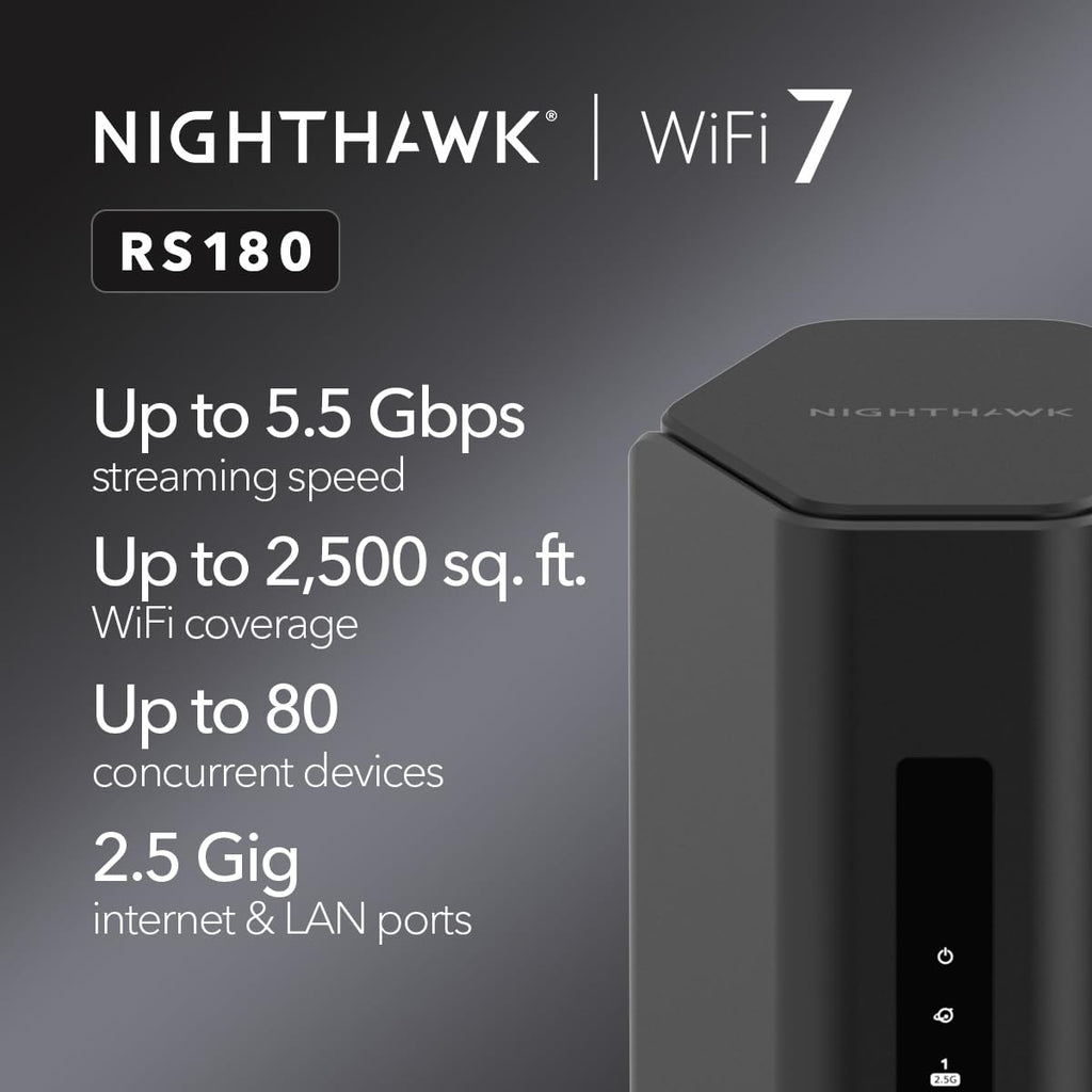 NETGEAR Nighthawk WiFi 7 Router RS180, Up to 2,500 sq ft, 5.5 Gbps