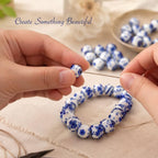 Lamp Work Handmade Glass Beads | 16mm Round White & Blue Beads | 8” Strands | Artisan Glass Beads for Jewelry Making | DIY Crafts & Beading (20, Strands)