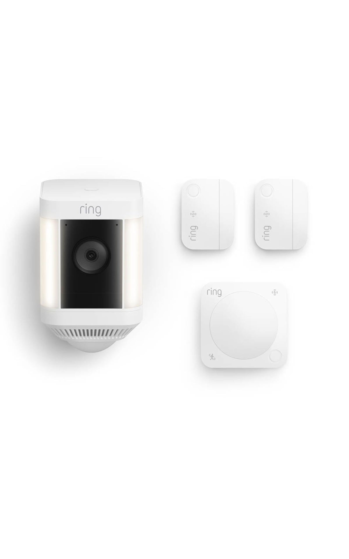 Ring Spotlight Cam Plus, Battery, White with 2 Window and Door Sensors (newest model) and Motion Detector (newest model)