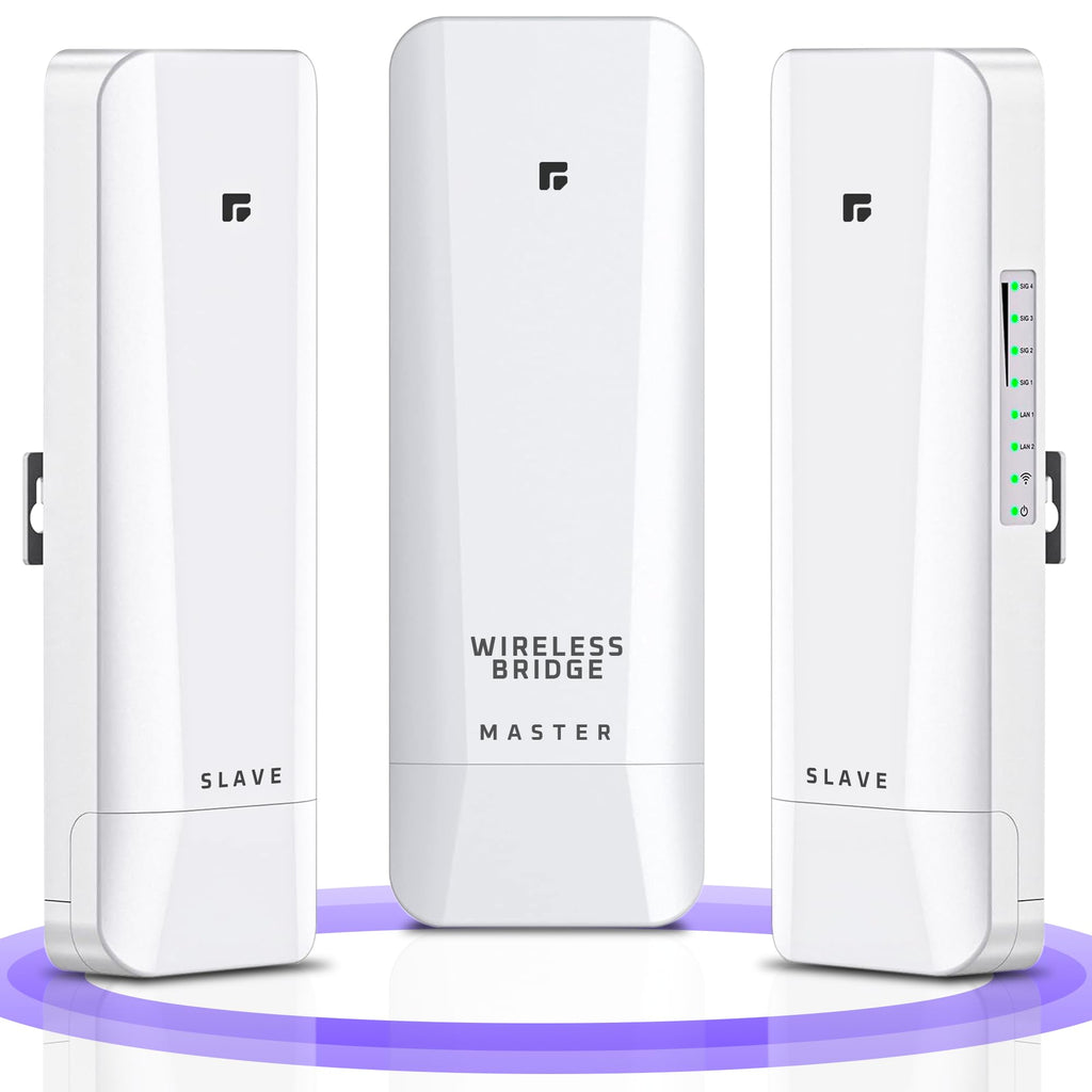 Wireless Bridge, Pre-Configured 3 Pack Long Range WiFi Bridge for Point to Multi-Point, High-Speed Network Bridge with Hotspot, for Stores, Barn, Garage, Building, 100/1000Mbps LAN Port. 3 Pack (5KM)