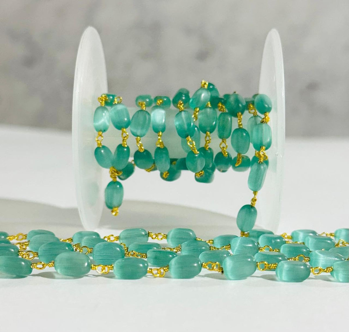 4x7mm Turquoise Oval Beads Rosary Chain, Gold Plated Brass Wire Wrapped Chain by Foot, Jewelry Making Supplies for Necklaces, Bracelets, Earrings – DIY Craft Beading Chain (25 Feet)