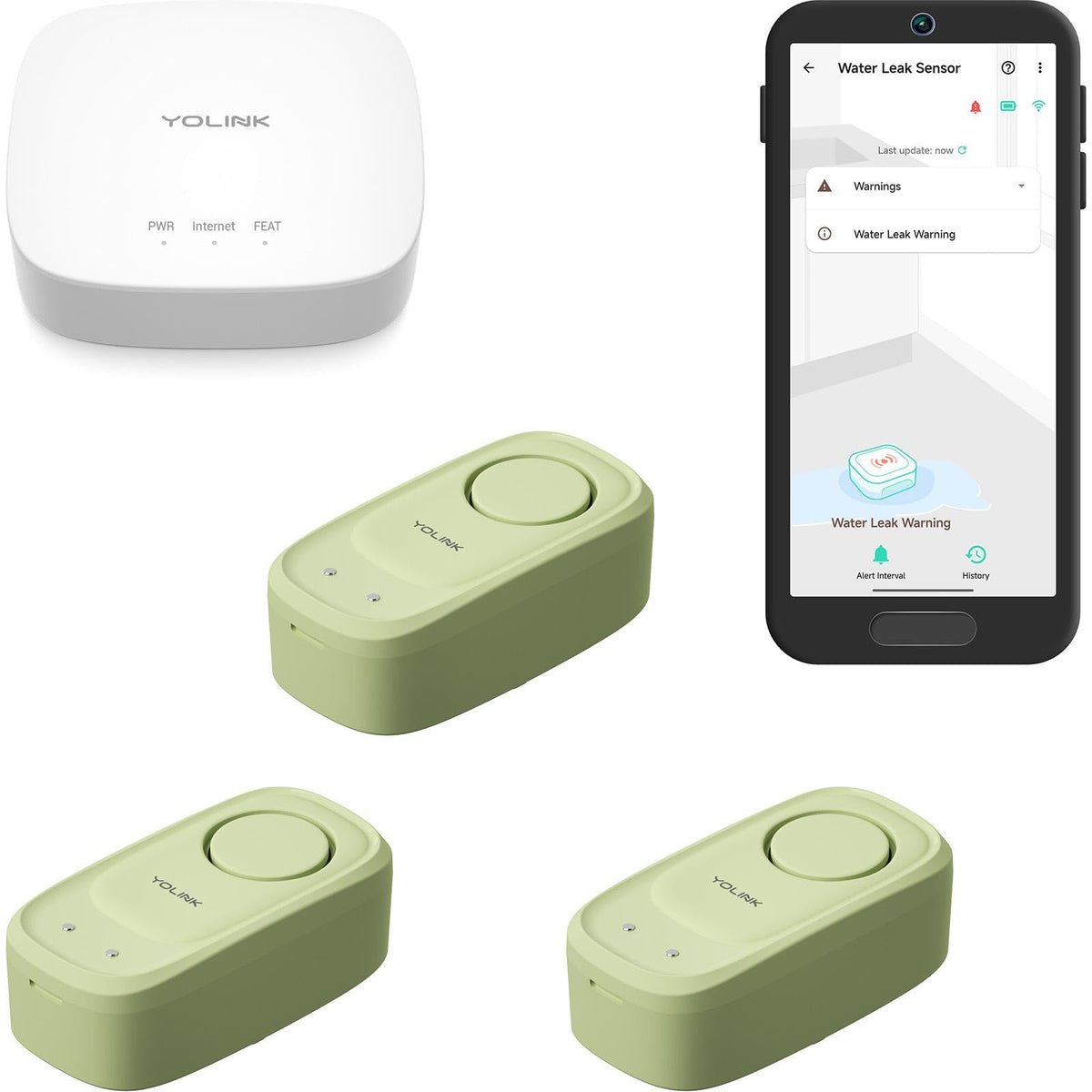 YoLink Class E Sensor Water Leak Sensor 5 Kit: 3-Pack + Hub