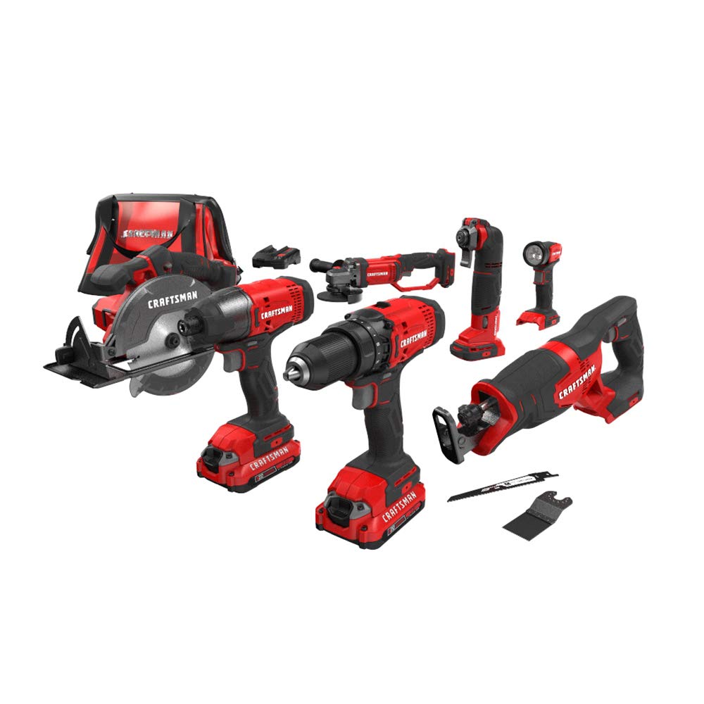 CRAFTSMAN V20 Power Tool Combo Kit, 7-Tool Cordless Power Tool Set with 2 Batteries and Charger (CMCK700D2)