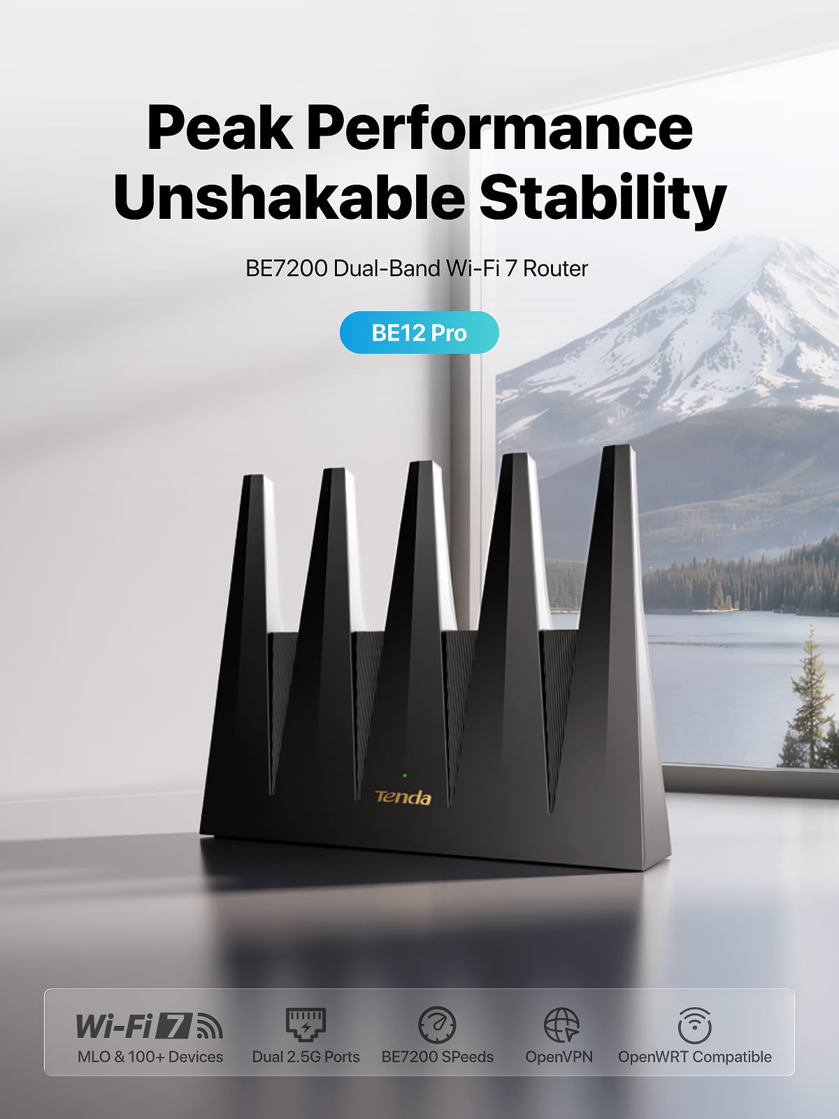 Tenda WiFi 7 Router BE7200 – Dual-Band High-Speed Wireless Internet Router with 2×2.5G Ports, Quad-Core CPU, MLO & VPN, Private IoT Network, Supports OpenWRT, Ideal for Home & Business Use (BE12Pro)