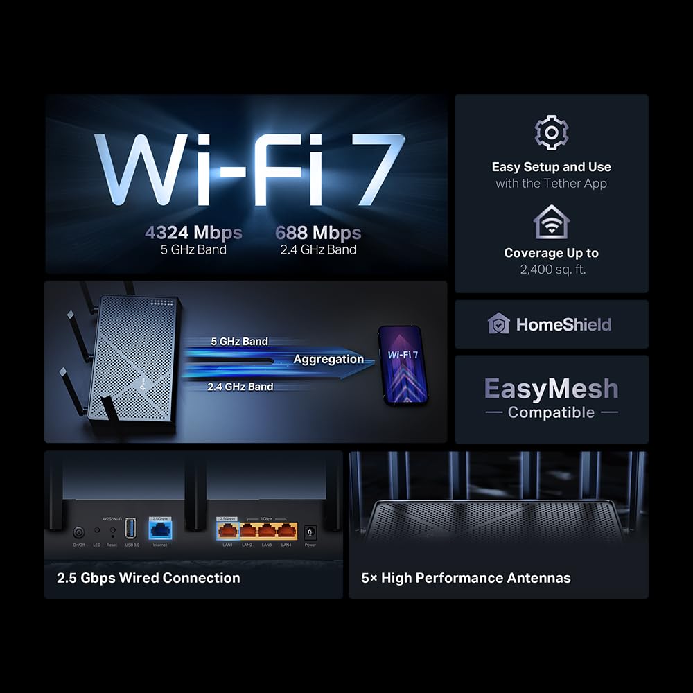 TP-Link Dual-Band BE5000 WiFi 7 Router, Archer BE260