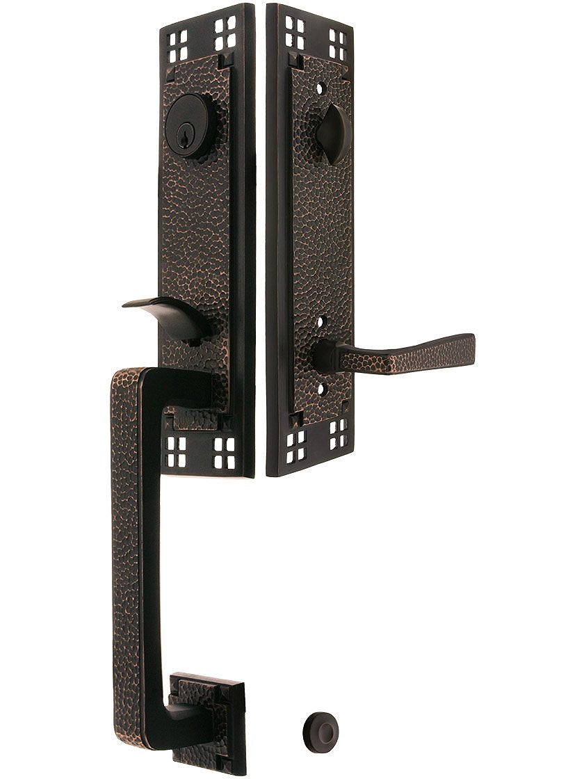 Arts & Crafts Style Tubular Handleset in Oil Rubbed Bronze with Left Hand Hammered Levers and 2 3/8" Backset. Antique Door Handles.