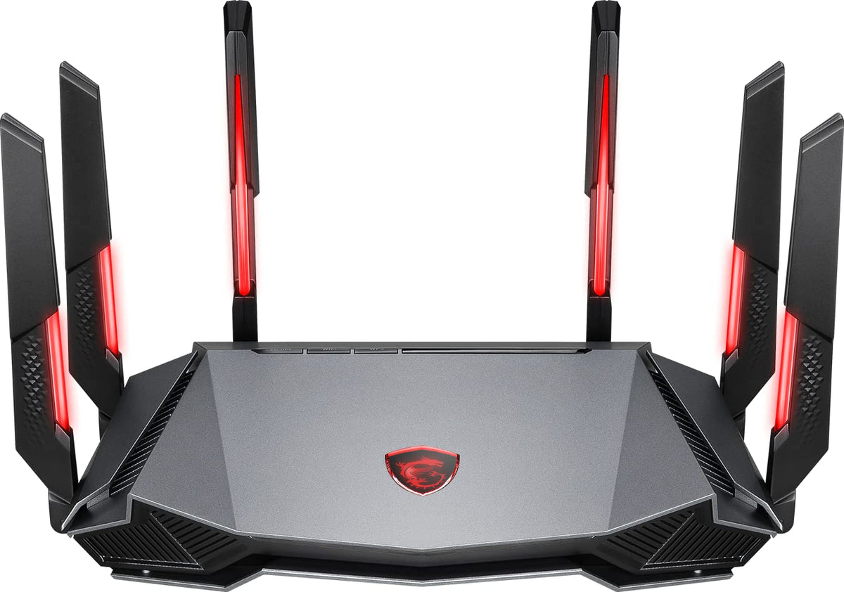 MSI Radix AXE6600 WiFi 6E Tri-Band Gaming Router, AI QoS, RGB, 1.8GHz Quad-Core Processor, MU-MIMO, Tri Band Gigabit Wireless, 8-Stream, High Speed Long Range Gaming Router
