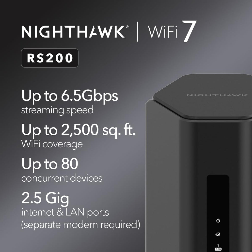 NETGEAR Nighthawk WiFi 7 Router RS200, Up to 2,500 sq ft, 6.5 Gbps