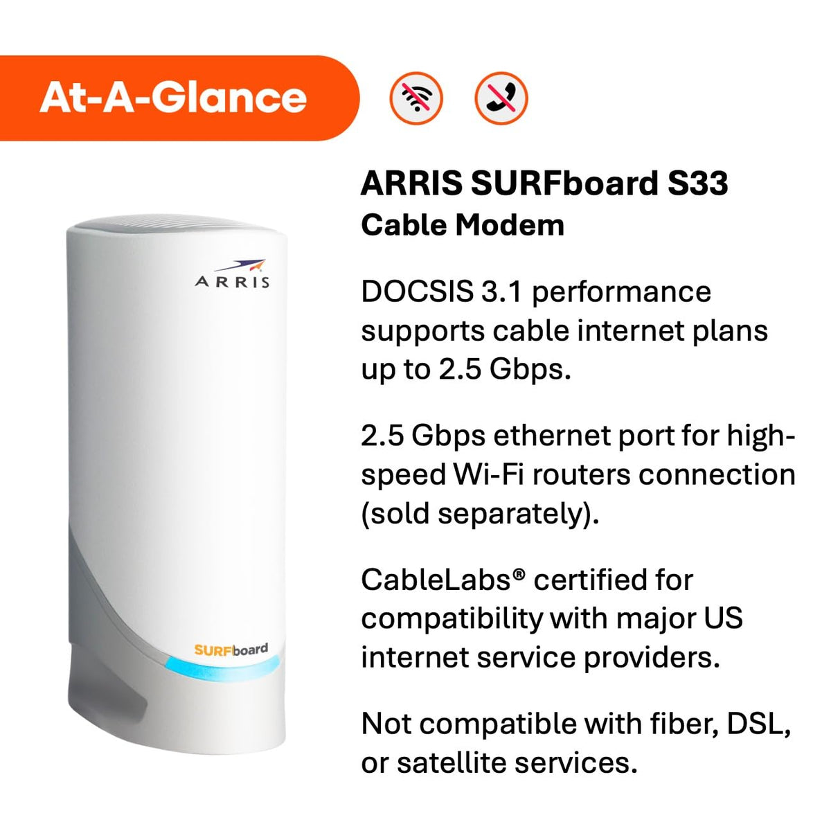 ARRIS Surfboard S33 DOCSIS 3.1 Multi-Gig Cable Modem | Up to 2.5 Gbps