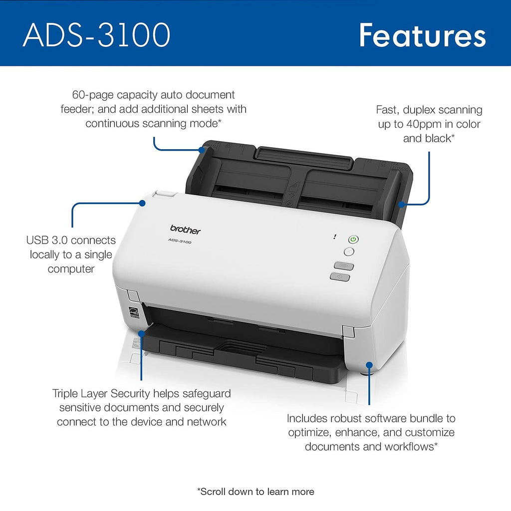 Brother ADS-3100 High-Speed Desktop Scanner | Compact with Scan Speeds of Up to 40ppm, White