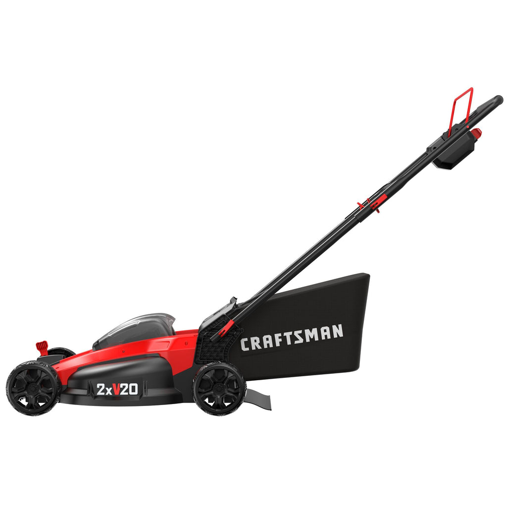 CRAFTSMAN V20 20 in Lawn Mower, 2 x 5Ah Batteries and 2 Chargers Included, High Effeciency Brushless Motor, Push Mower, Up to 50 Min of Runtime, Lightweight, Grass Bag, Low Profile (CMCMW220P2)