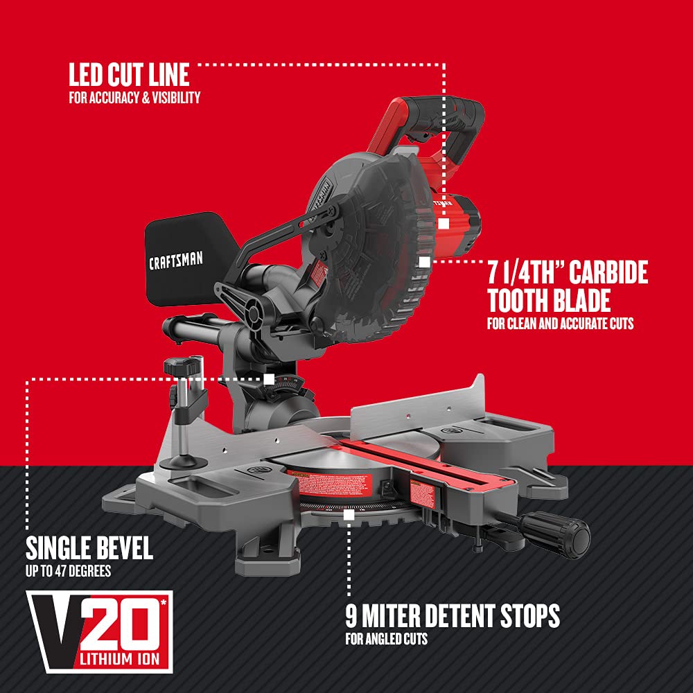 CRAFTSMAN V20 Cordless Sliding Miter Saw, 7-1/4 inch, Battery and Charger
