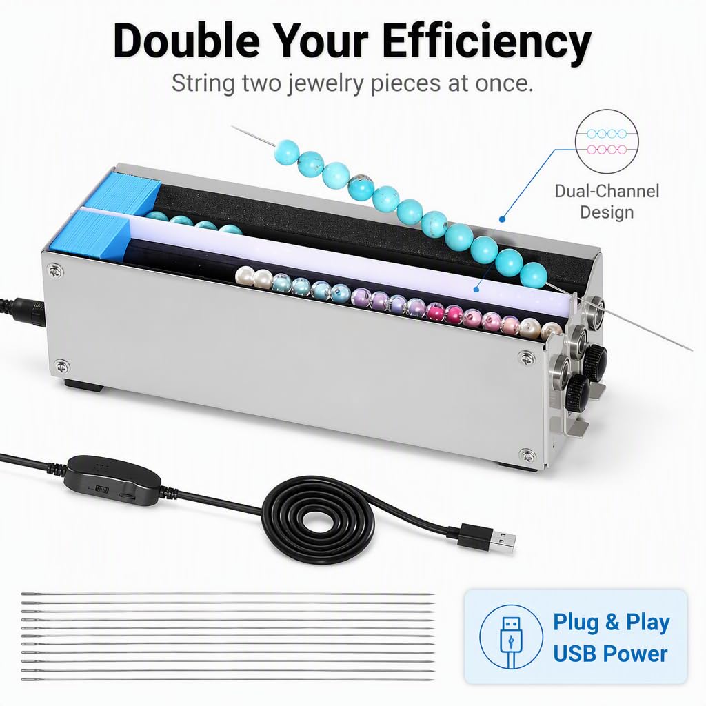Piefeak Semi-Automatic Beading, 100W Electric Bead String Maker with Adjustable Roller Width, 2 Channels, Quick Beading for Jewelry Making