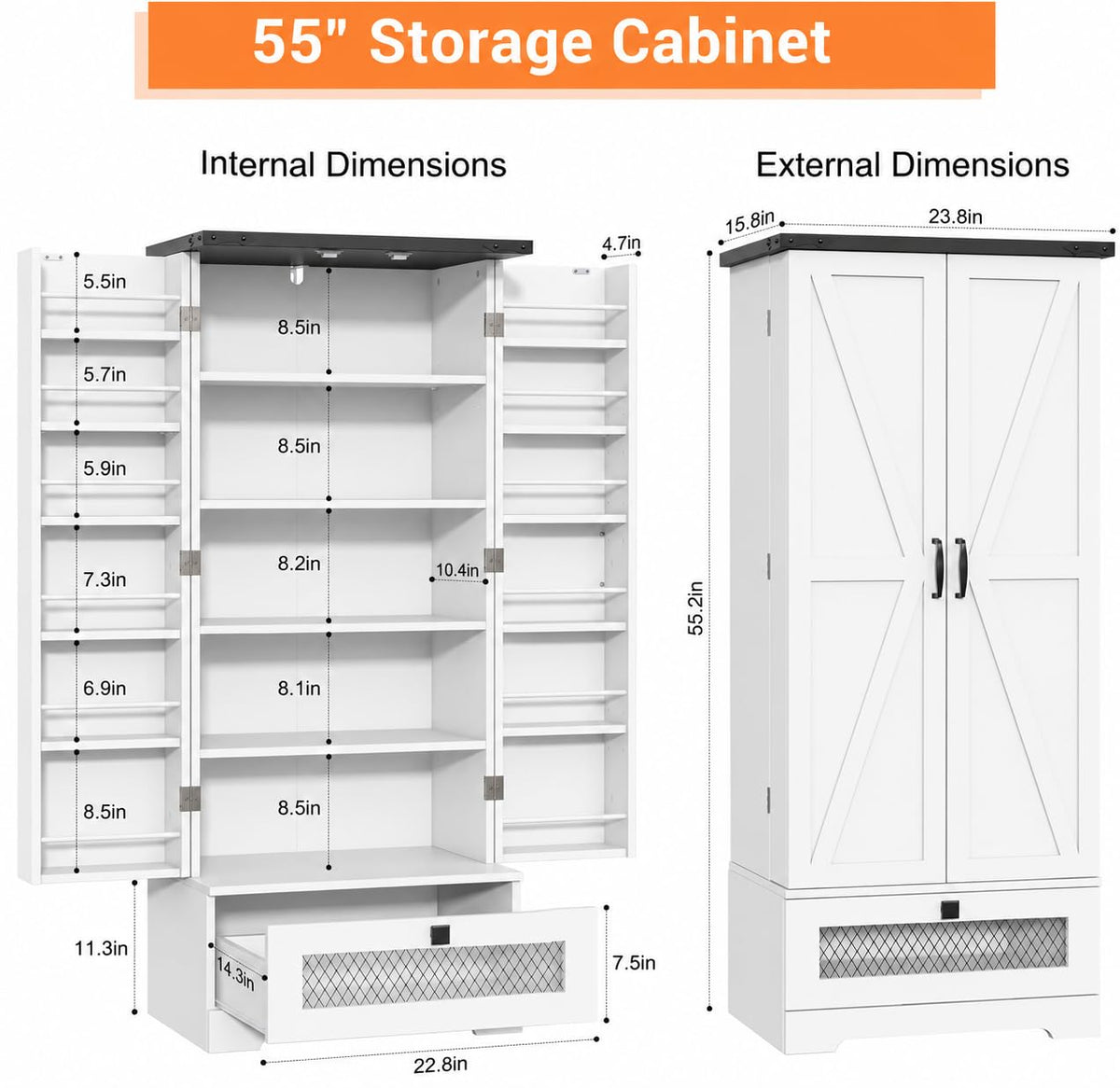 55" Tall Sewing Cabinet with Storage, Craft Storage Cabinet with Adjustable Shelves, Double Doors with Storage Shelves and Large Drawer, Farmhouse Storage Organizer for Sewing Supplies, White