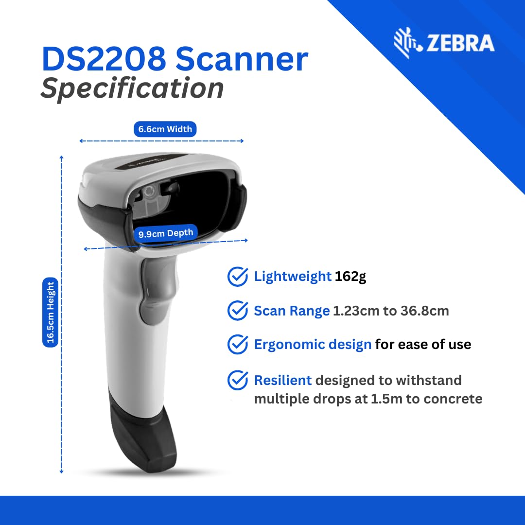 Zebra DS2208 Handheld Barcode Scanner with Stand | 1D/2D, QR Code