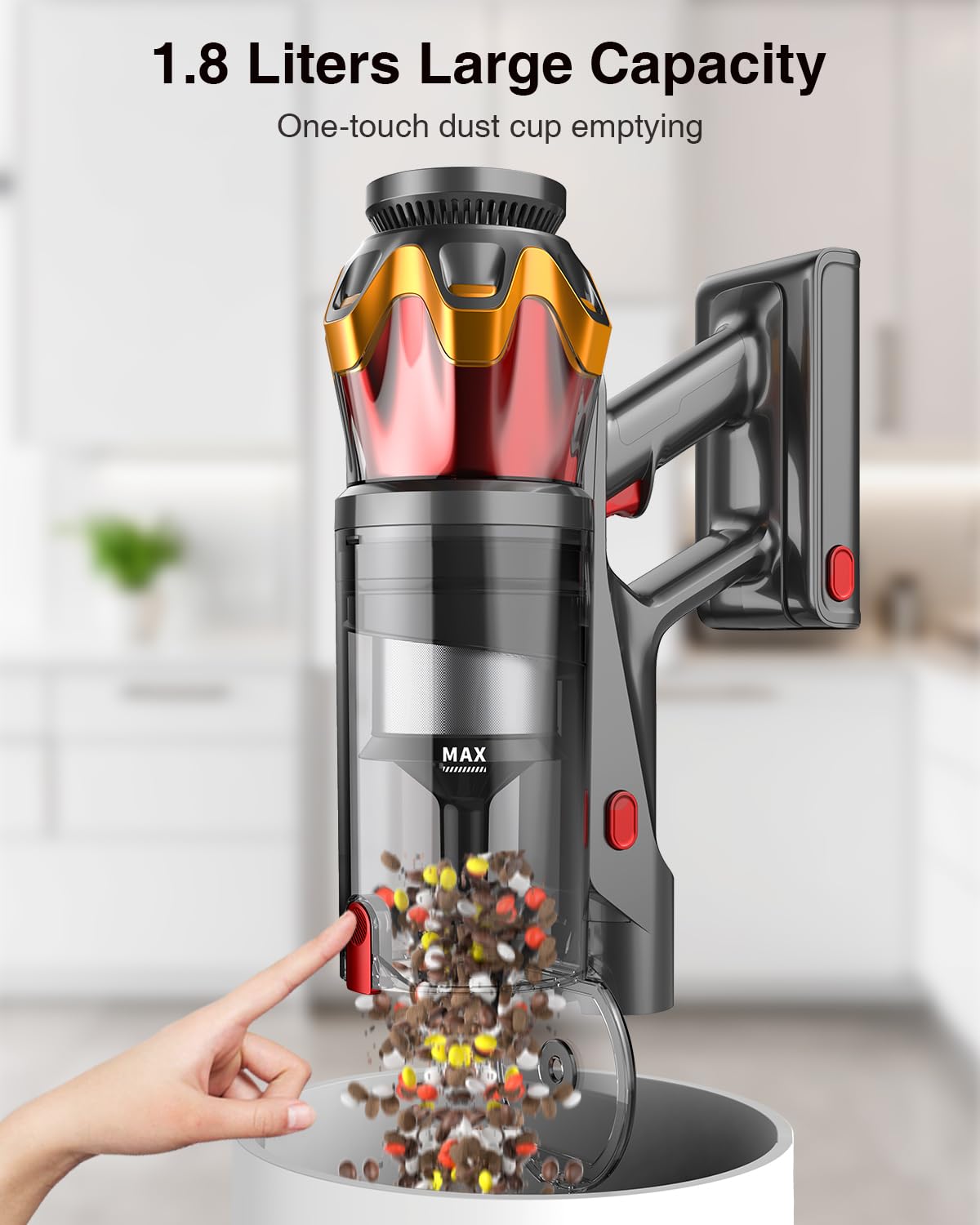 Cordless Vacuum Cleaner, 650W/60KPa 70Mins Vacuum Cleaners for Home, Self-Standing Stick Vacuum with Anti-Tangle Brush & OLED Touch Screen, Vacuum Cleaner for Hardwood Floors,Carpet,Pet Hair,Car (Red)