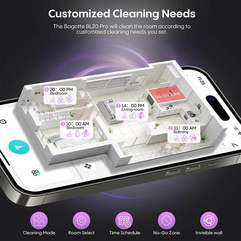 Bagotte Robot Vacuum and Mop Combo, 6000Pa LiDAR Navigation Robotic Vacuum with Mapping, Self-Emptying Station for 90 Days Hands-Free Cleaning, Wi-Fi/App/Voice Control, for Carpets&Hard Floors
