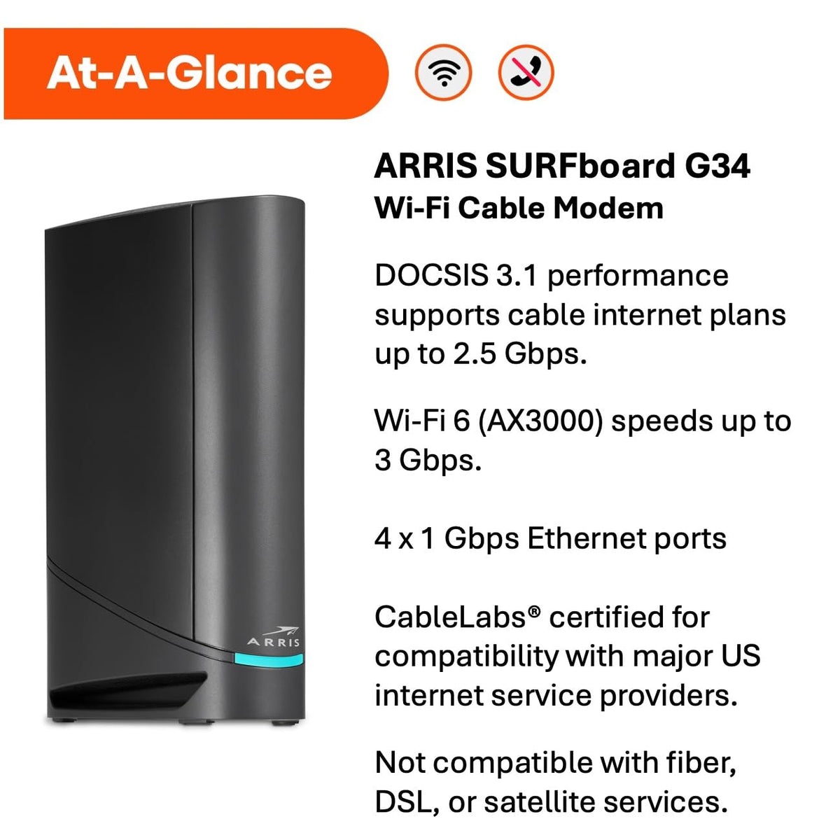 ARRIS Surfboard G34 DOCSIS 3.1 Cable Modem & Wi-Fi 6 Router | AX3000
