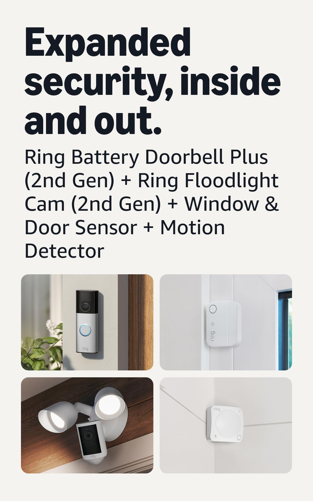 Ring Battery Doorbell Plus (newest model), Nickel Silver with Floodlight Cam, Wired (newest model), White, Window & Door Sensor 6-Pack, and Motion Detector 2-Pack