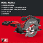 CRAFTSMAN V20 Cordless Circular Saw Kit, 6-1/2 inch, Battery and Charger Included (CMCS500M1)