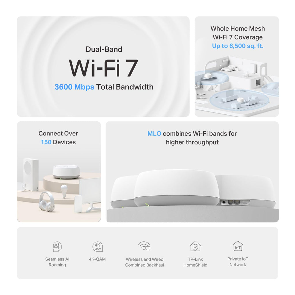 TP-Link Deco 7 BE23 Dual-Band BE3600 WiFi 7 Mesh Wi-Fi System, 3-Pack