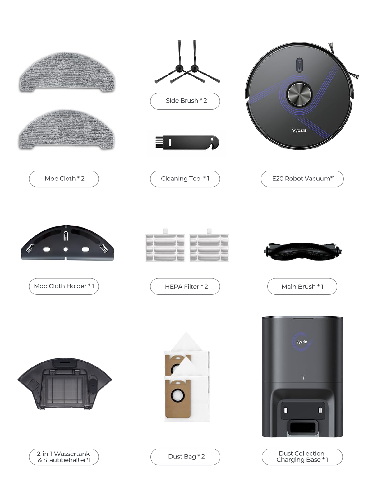 Vyzzle Robot Vacuum and Mop, 8000Pa for Pet Hair, Carpet, Hard Floors, E20