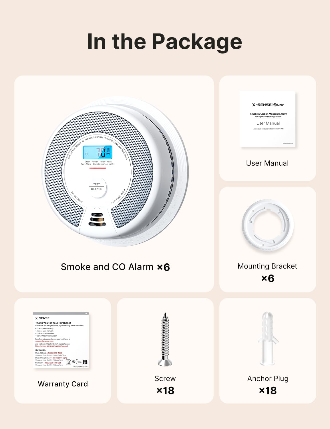 X-Sense Interconnected Smoke and CO Detector, SC07-W, 6-Pack