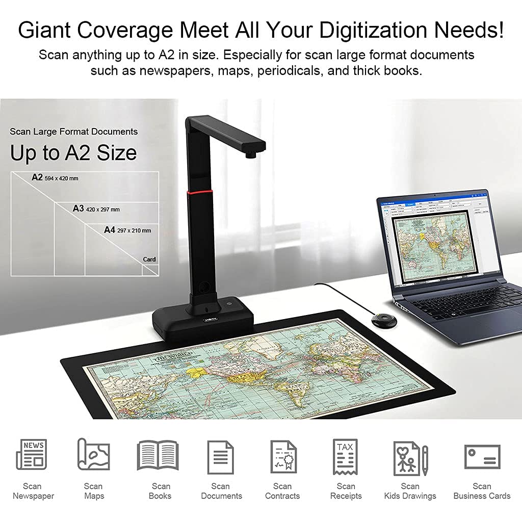 Large Format Book & Document Scanner, Capture Size A2/A3, 26MP USB Document Camera with Auto-Flatten, Fingerprint Removal Technologies, Multi-Language OCR, Compatible with Windows & macOS