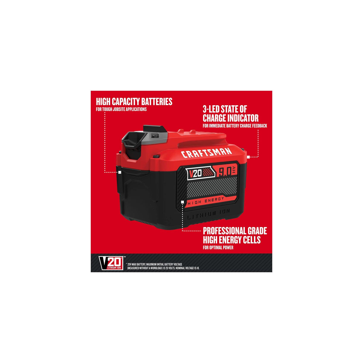 CRAFTSMAN V20 Lithium Ion Battery for Power Tools, 9 Ah, LED Charge Indicator (CMCB209)
