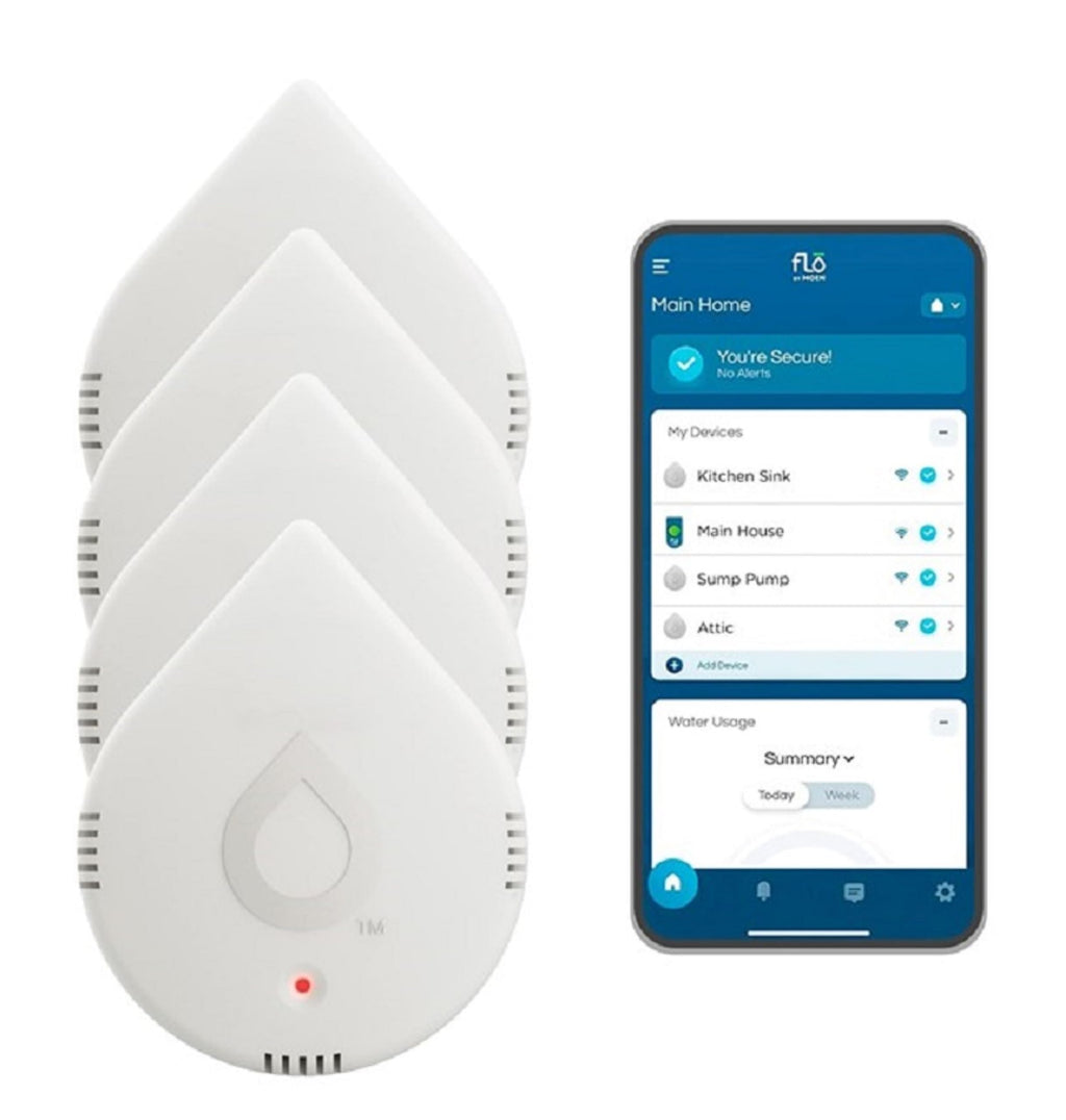 Moen 920-005 Flo Smart Water Leak Detector, White, 3-Pack with 3-Pack 6-Foot Leak Sensing Cable