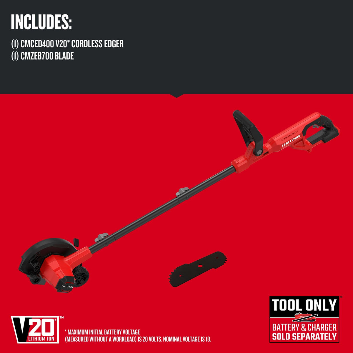 CRAFTSMAN 20V Edger Lawn Tool, Cordless Trencher, Bare Tool Only (CMCED400B)