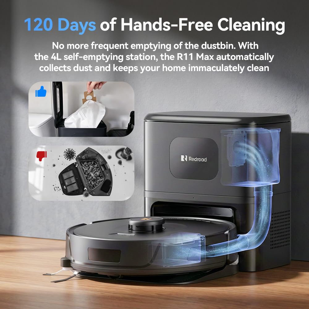 38,000Pa Robot Vacuum Robot Vacuum Mop,Vacuum Robot 120Day Self Emptying,Lidar Navigation,5G 2.4GWiFi APP Aspirateur Robot,Self-Charging Robot Vacuums for Pet,Floor,Carpet R11Max Black